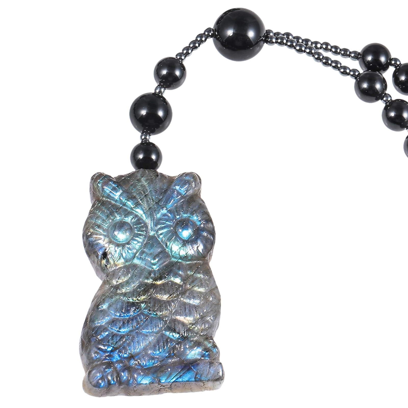 KYEYGWO Natural Labradorite Owl Necklace with Long Beads Chain, Carved Crystal Stone Amulet Pendant Jewellery for Men Women