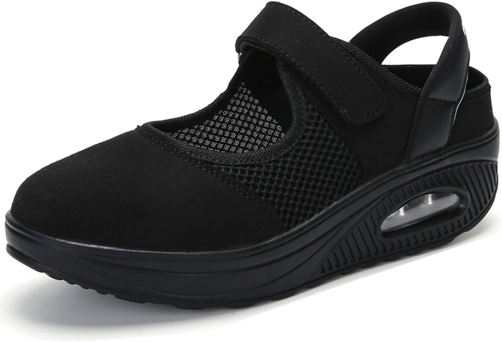 Orlancy Women's Mesh Breathable Wedge Platform Strap Buckle Casual Fittness Slip On Sneakers