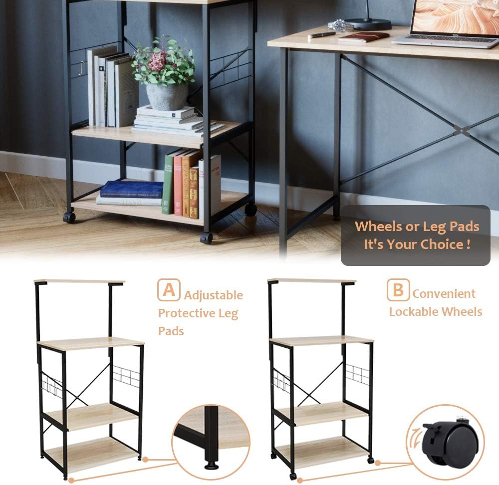 Bestier Kitchen Baker's Rack Utility Storage Shelf Microwave Stand Cart on Wheels with Side Hooks, Kitchen Organizer Rack 4 Tier Shelves Adjustable Feet P2 Wood Oak - Standing Baker's Racks