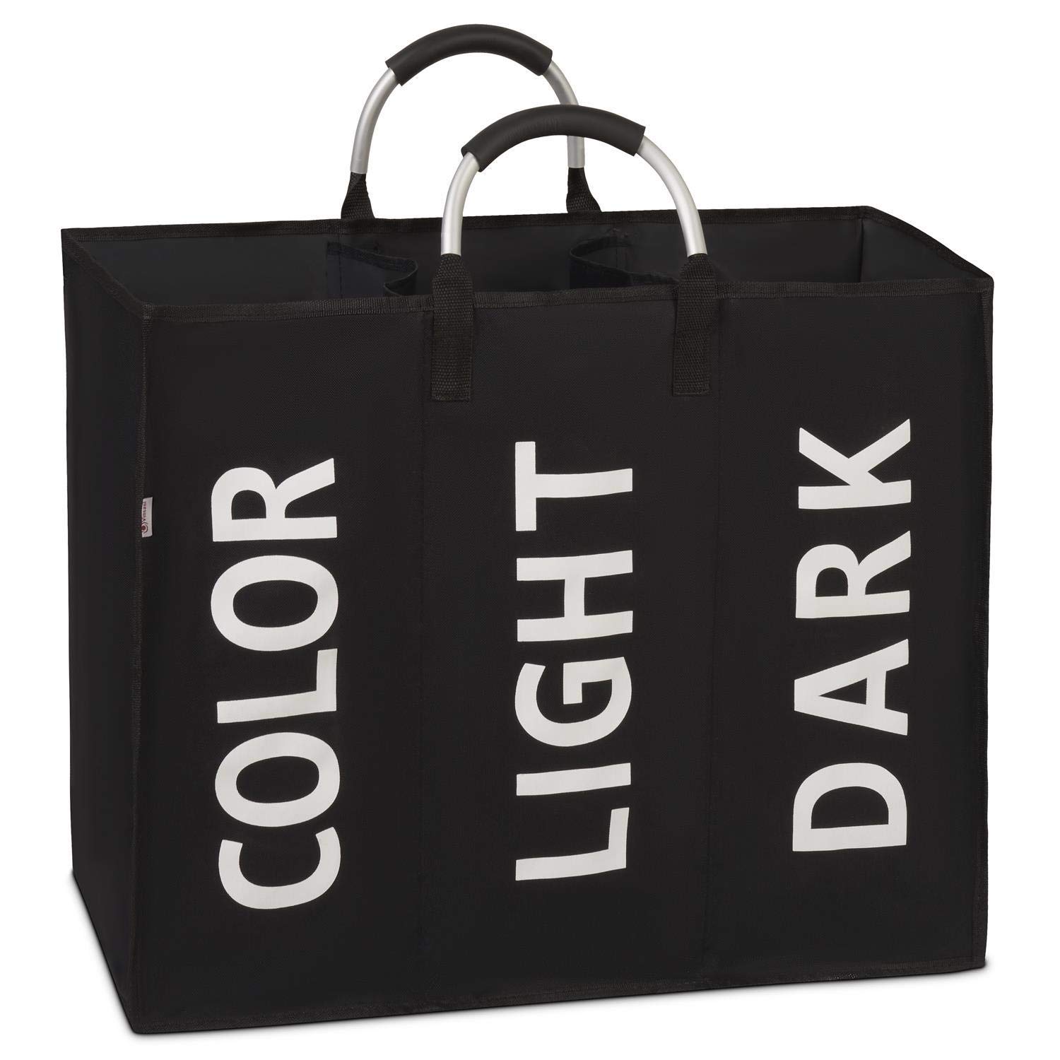 Vinsani Colour Light Dark 3 Sections Laundry Hamper Collapsible Bag Foldable Cloth Basket Portable Storage Bin with Carry Handles for Bathroom Bedroom, Black
