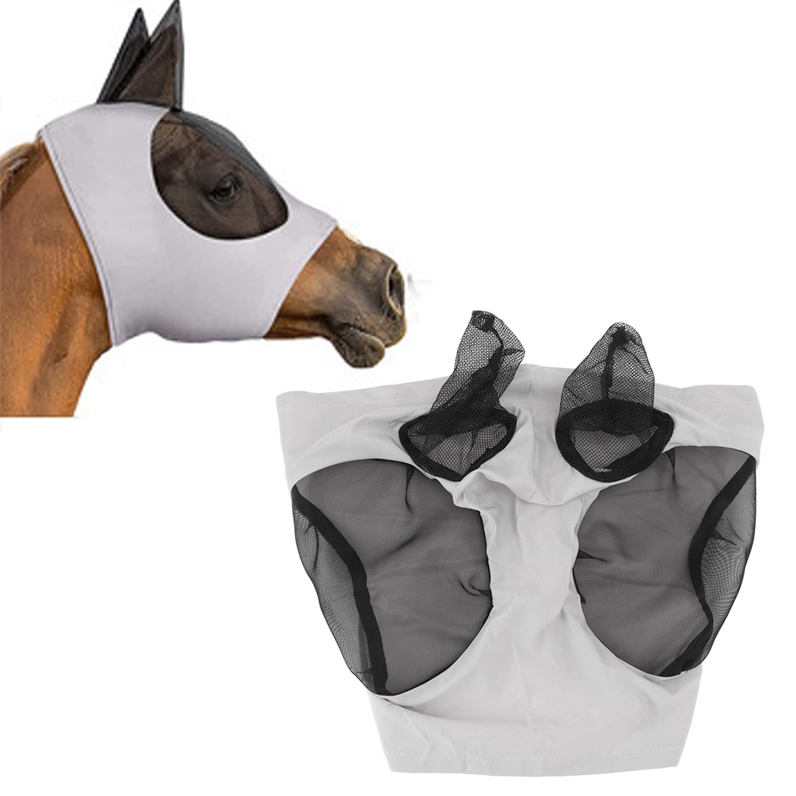 Deosdum Horse Fly Mask, Elastic Breathable Mesh Horse Mask with Ears Protection (Grey)