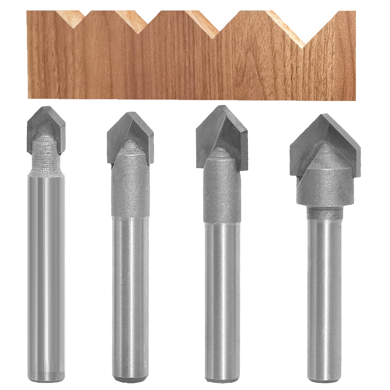 4pcs 90 Degree V Groove Router Bit Set, 1/4" Shank, Carbide Tips, V Grooving Cutters for Wood Carving, Engraving & Signmaking - Cut Dia. in 1/4”, 5/16”, 3/8”, 1/2"