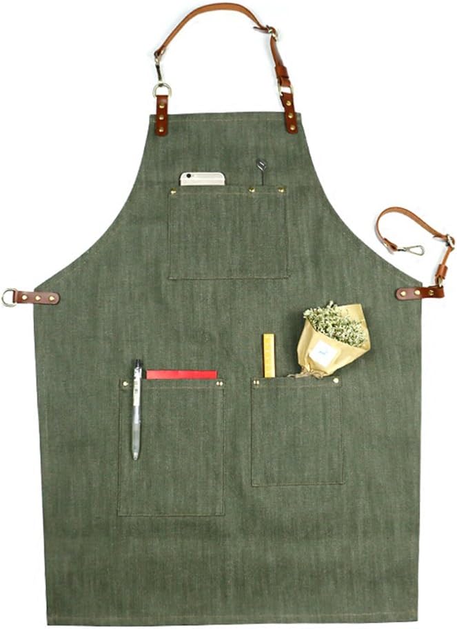 Phonyeer Green Denim Bib Apron w/ Leather Strap Barista Barber BBQ Chef Florist Work Wear (Green Denim/Brown Strap, XL)