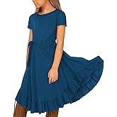 KYMIDY Girls Short Sleeve Swing Dress Kids Ruffle Loose Casual Twirl Belted Dresses with Pockets for Girls 6-12 Years