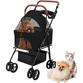 Pet Stroller-Folding 4 Wheels Cat/Dog Stroller for Medium Small Pets with Storage Basket and Cup Holder Suitable for Going Out and Traveling (Black)