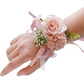 Latious Wedding Bride Rose Wrist Corsage Pink Bridesmaids Wrist Flower Flowergirl Hand Floral Decor Bridal Prom Party Accessories for Women and Girls (Pink)
