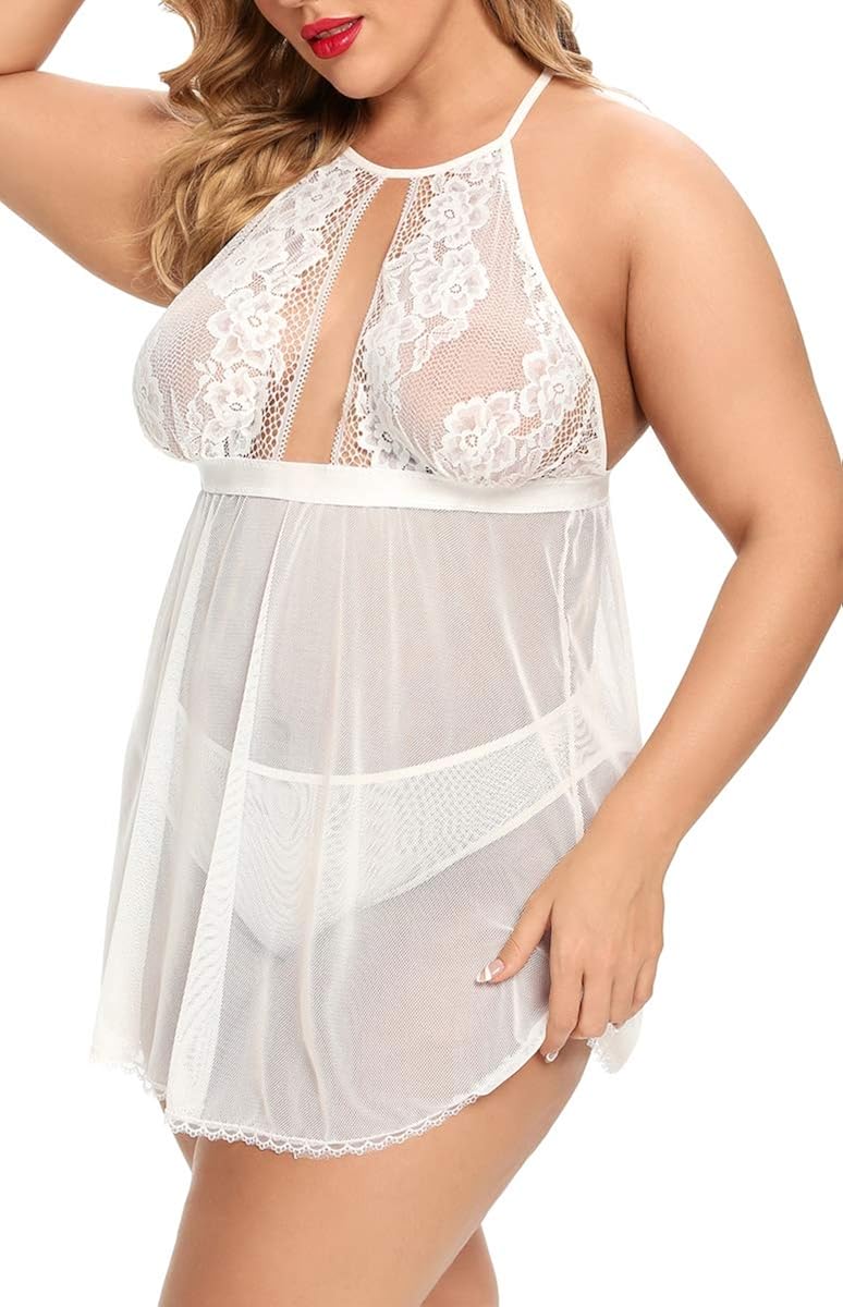 Plus Size Babydoll for Women Sexy Halter Keyhole Lace Lingerie Set Sheer Mesh Open Back Chemise Sleepwear at  Women’s Clothing store