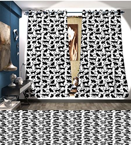 Lawerencehouse Cat Thermal Insulating Blackout Curtain Black Silhouettes in Different Positions Friendly Furry Feline Domestic Pet Figures Patterned Drape For Glass Door Black White