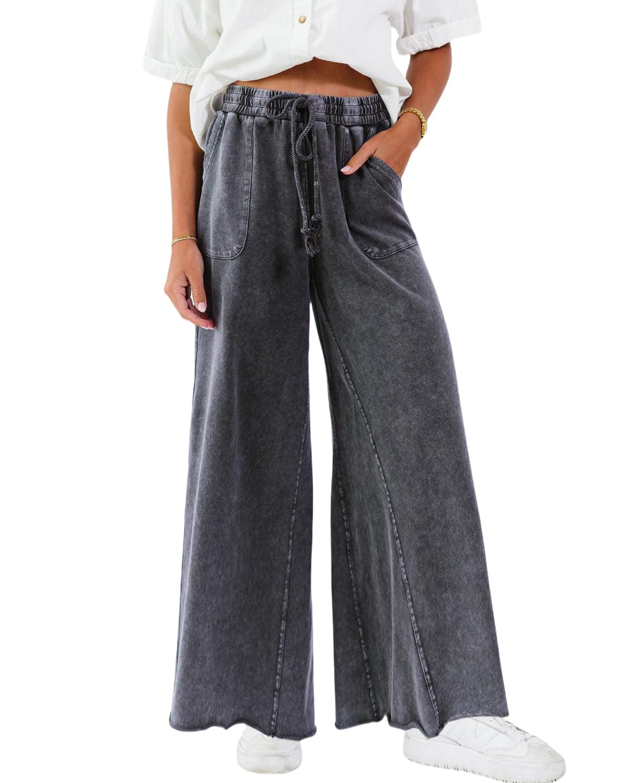Photo 1 of TITOMD Women Wide Leg Sweatpants Jeans High Waist Baggy Trouser Loose Boyfriend Denim Pants Y2K (US, Alpha, Large, Regular, Regular, Grey)