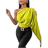 Floerns Women's One Shoulder Dolman Long Sleeve Blouse Elegant Ruched Crop Tops