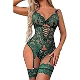 Donnalla Women Sexy Lingerie Set with Garter Belt Lace Bodysuit Teddy with Panty