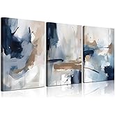 3Pcs Framed Navy Blue Wall Art Abstract Modern Brown Watercolor Canvas Posters Prints Minimalist Neutral Wall Decor Pictures for Living Room Bedroom Home Decoration 16x24in