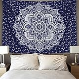 BLEUM CADE Mandala Tapestry Wall Hanging Dark Blue & White Psychedelic Tapestry Wall Art Floral Decorative for Bedroom Living Room 51