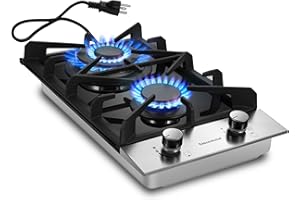 Eascookchef 2 Burner Gas Cooktop, 12 inch LPG/NG Dual Fuel Built-in Gas Stove Top, Black Tempered Glass Stove, Propane Cooktop for Apartment, Outdoor, RV, With Thermocouple Protection