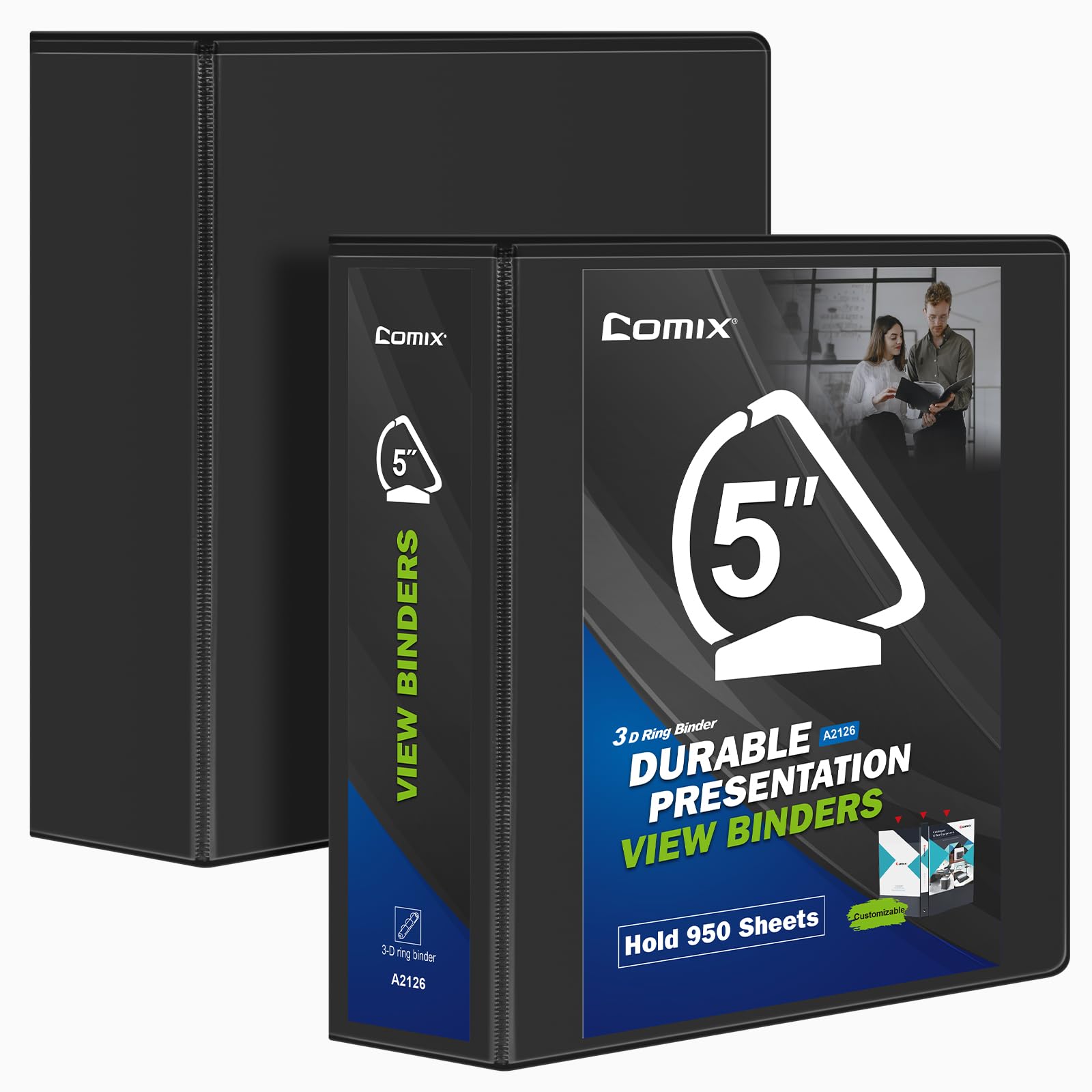Photo 1 of Comix Durable 3 Ring Binder, 5 inch D Ring Binders, Hold 950 Sheets of US Letter Size Paper, 2 Pack (Black)