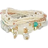 6-10Pcs Bohemian Stackable Beaded Bracelet Set for Women Friend Boho Layered Faux Pearl Crystal Seed Stretchy Strand Statement Bracelet Multicolor Holiday Jewelry Birthday Gift
