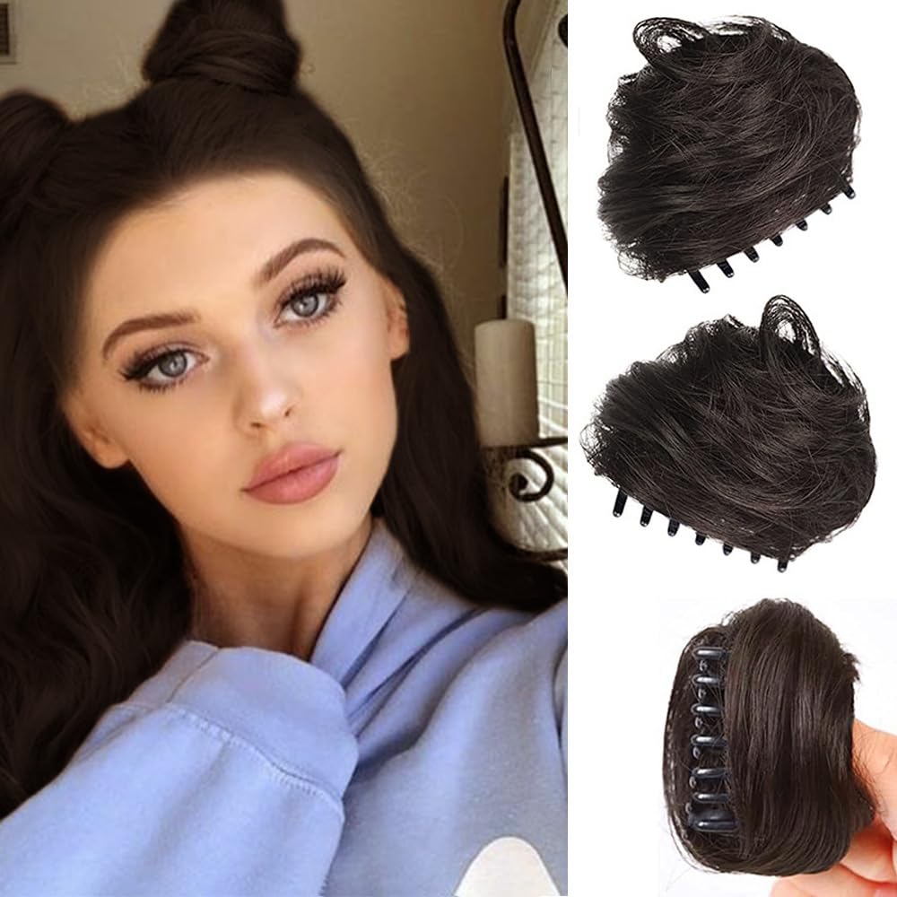RPAEOY 2PCS Claw Clip in Hair Bun Cat Ears Mini Messy Hair Bun Extension Synthetic Donut Updo Bun Hair Pieces for Women Girls Wig Accessory (Brown Black) — image 1