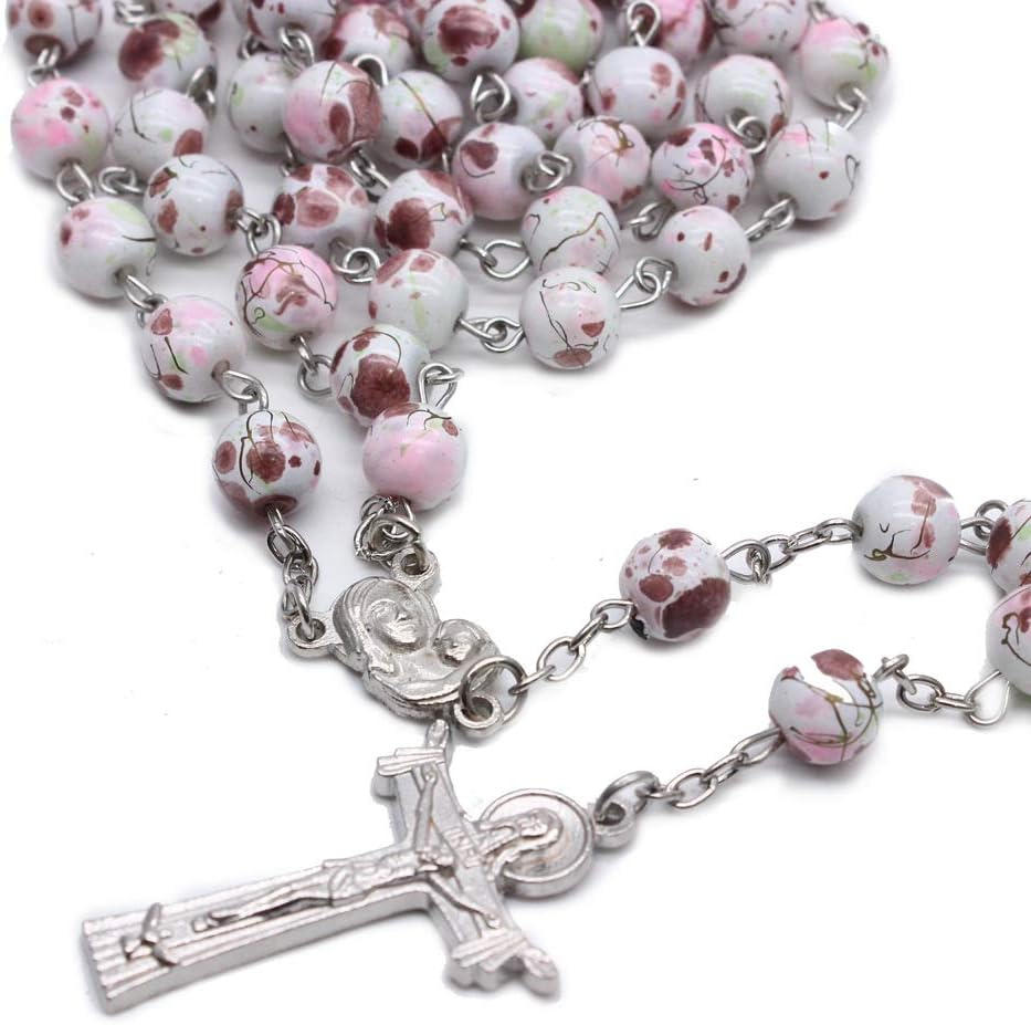 TENGXINGKEJI Catholic Handmade Pink Beads Rosary Cross Necklace Guadalupe Italy 8mm