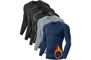 TELALEO 5 or 4 Pack Men's Thermal Compression Shirt Fleece Lined Long Sleeve Athletic Base Layer Cold Weather Gear Workout Top