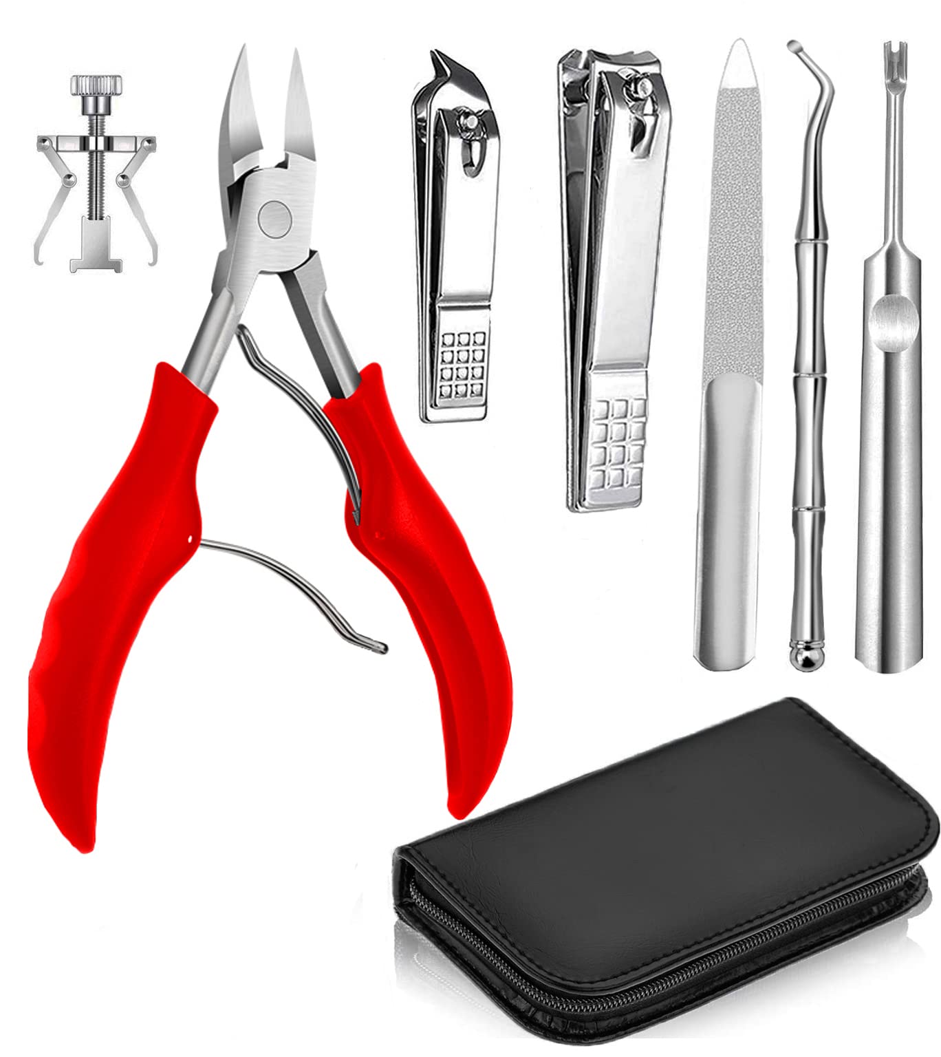 7 PCS Thick Ingrown Toenail Clipper Kit with Nail Clippers, Toenail Lifter, Cuticle Cutter, Nail File, Toenail Corrector, PU Leather Case for Ingrown Thick Hard Toe Nail Fingernail(Red)