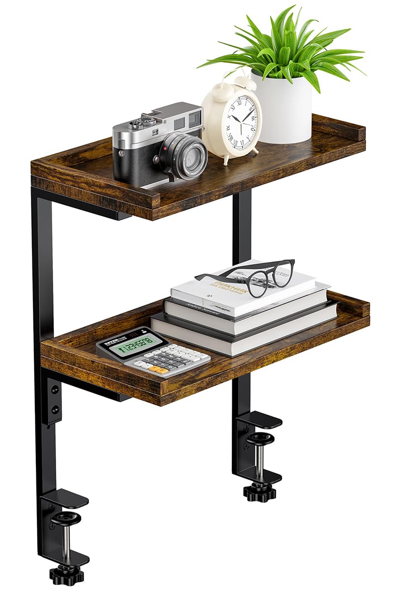Photo 1 of ART-GIFTREE Clamp On Desk Shelf 2-Tier, Wood Shelving Unit for Office Desk/Gaming Accessories, Tabletop Book Storage Rack, Shelf for Top of Desk, Brown