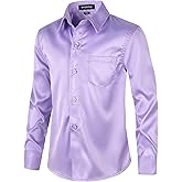Spring&Gege Boys Shiny Satin Dress Shirts Sateen Long Sleeve Wrinkle-Free Solid Formal Wedding Button Down Shirts