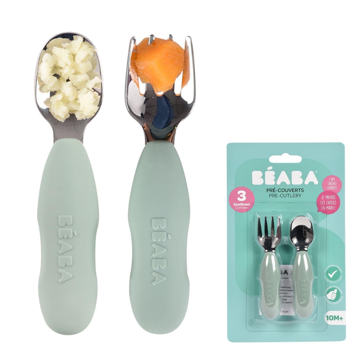 Béaba, Set of 2 Ergonomic Stainless Steel & Silicone Cutlery Sets, Baby & Children's Cutlery, Learning Cutlery, Sage Green