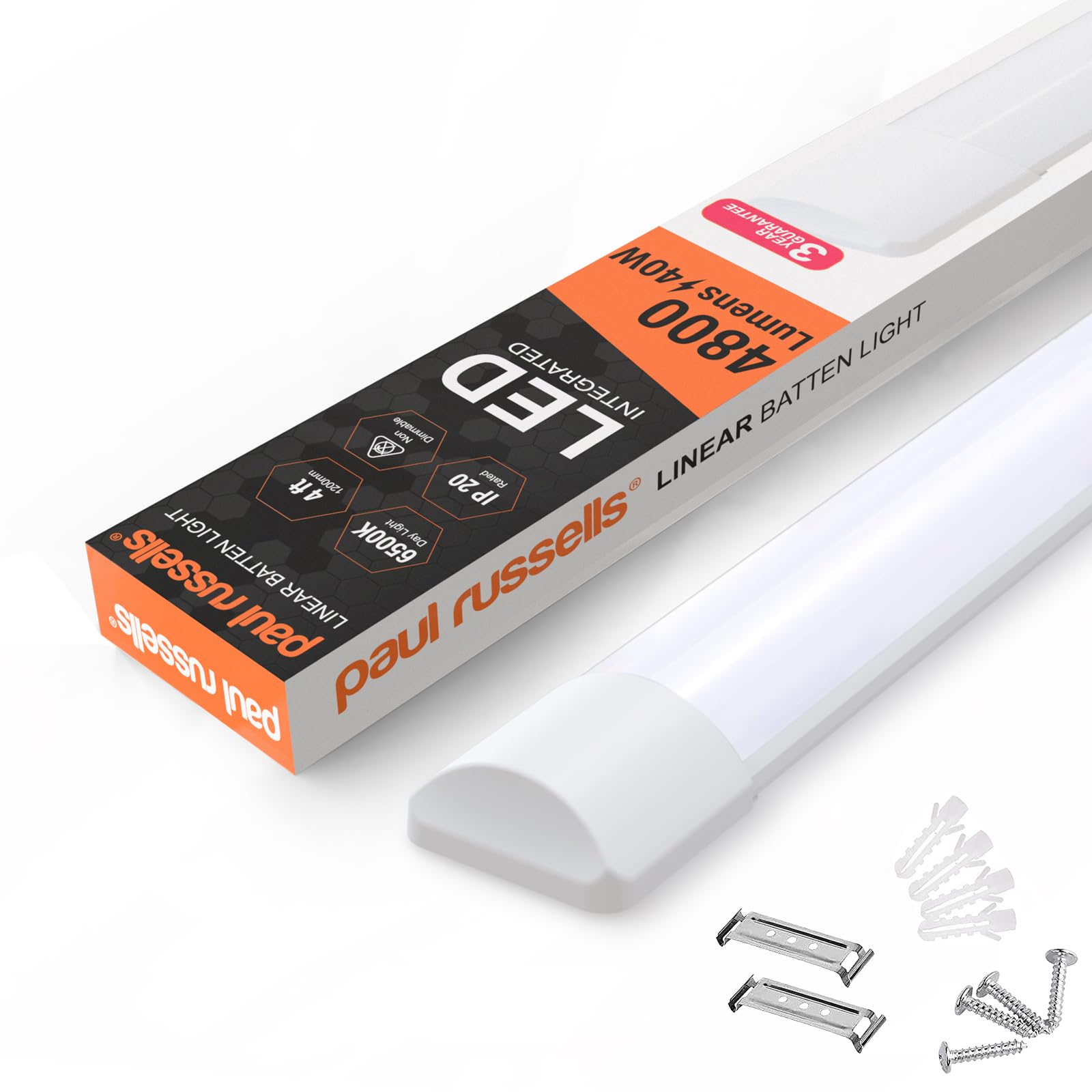 paul russells 4ft LED Batten, Ceiling Fitting Tube Light, 6500K Daylight, 40W, 4800 Lumens, Light for Office, Bathroom, Kitchen, Garage, Warehouse Fluorescent Lighting Replacement, 1 Pack