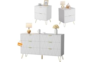 Anbuy Bedroom Sets White Sets 3 Piece, Night Stand Sets and Large 6 Drawer Dresser for Bedroom, Two Drawers Nightstand Set of 2 & 6 Drawer Dresser Combo 3 Pieces (White)