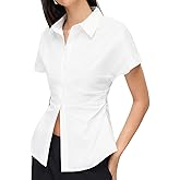 Women's Button Down Shirt Casual Short Sleeve Ruched Blouse Work Top, Stylish Office & Casual Shirt
