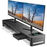 meatanty Dual Monitor Stand Riser with 2 Drawers,4 USB Ports and Charging Pad,Metal Monitor Stand for 2 Monitors Supports Transfer Data and Charging,Desk Organizer for PC,iMac(38.7 inches)