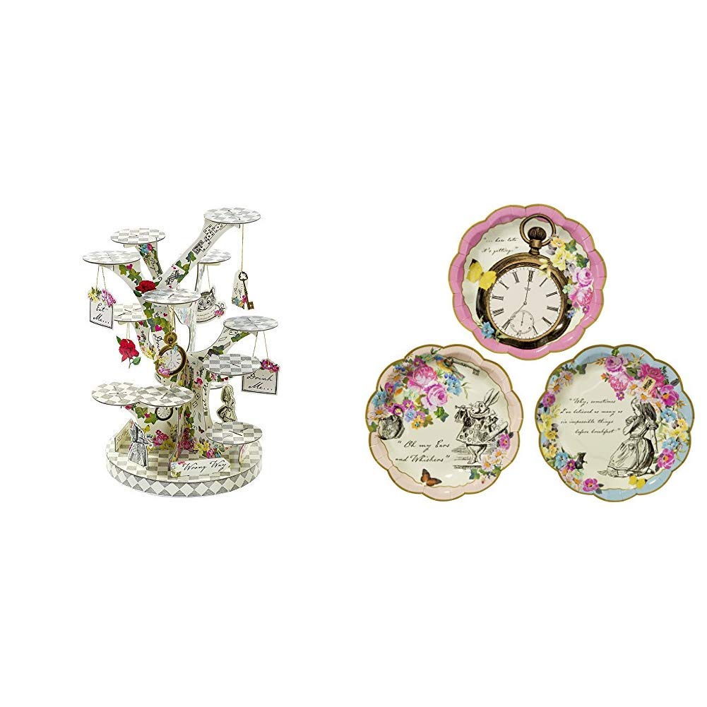 Talking Tables Alice in Wonderland Cupcake Stand Centrepiece Mad Hatter Tea Party, Paper, 59cm, 23" & Pack of 12 (17cm) Alice in Wonderland Themed Disposable Party Paper Plates Mad Hatter Tea Supplies