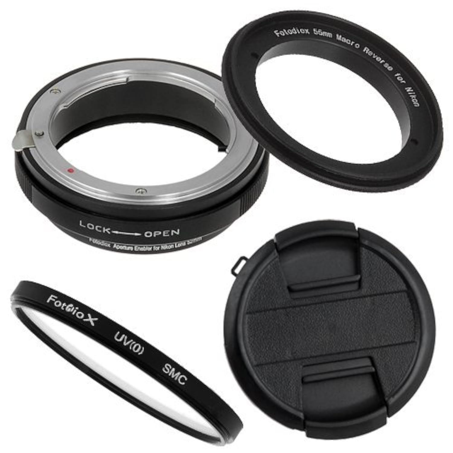 Fotodiox M-Reverse-55-Nikon-Kit RB2A 55MM Macro Reverse Ring Kit with G and DX Type Lens Aperture Control, 52MM Lens Cap and 52MM UV Protector Fits Nikon — image 1