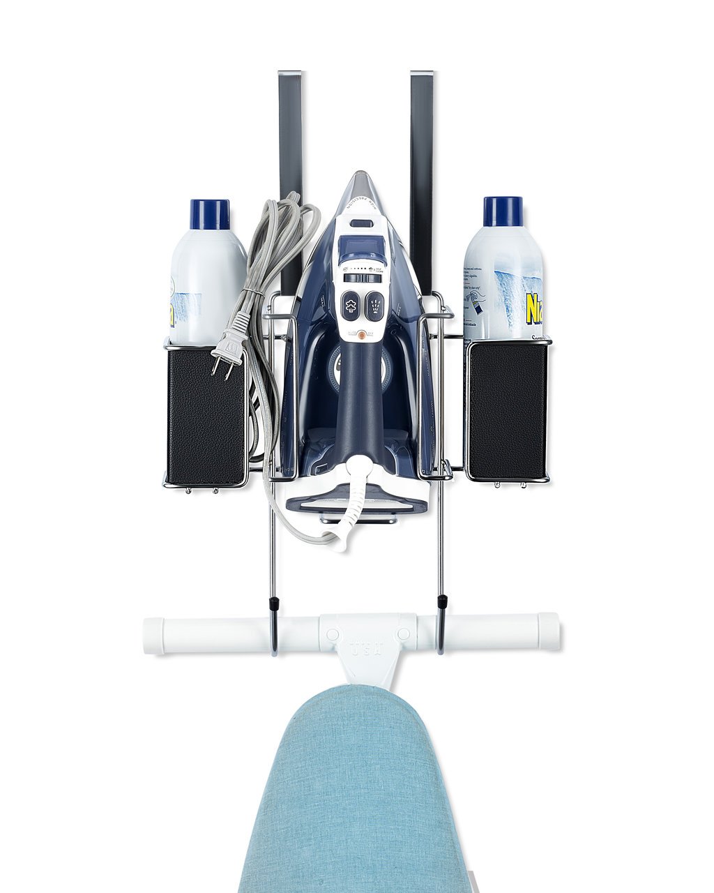 Ironing Board Hanger- with Storage Basket for Clothing Iron - Ironing Board Holder Wall Mount/or Over The Door