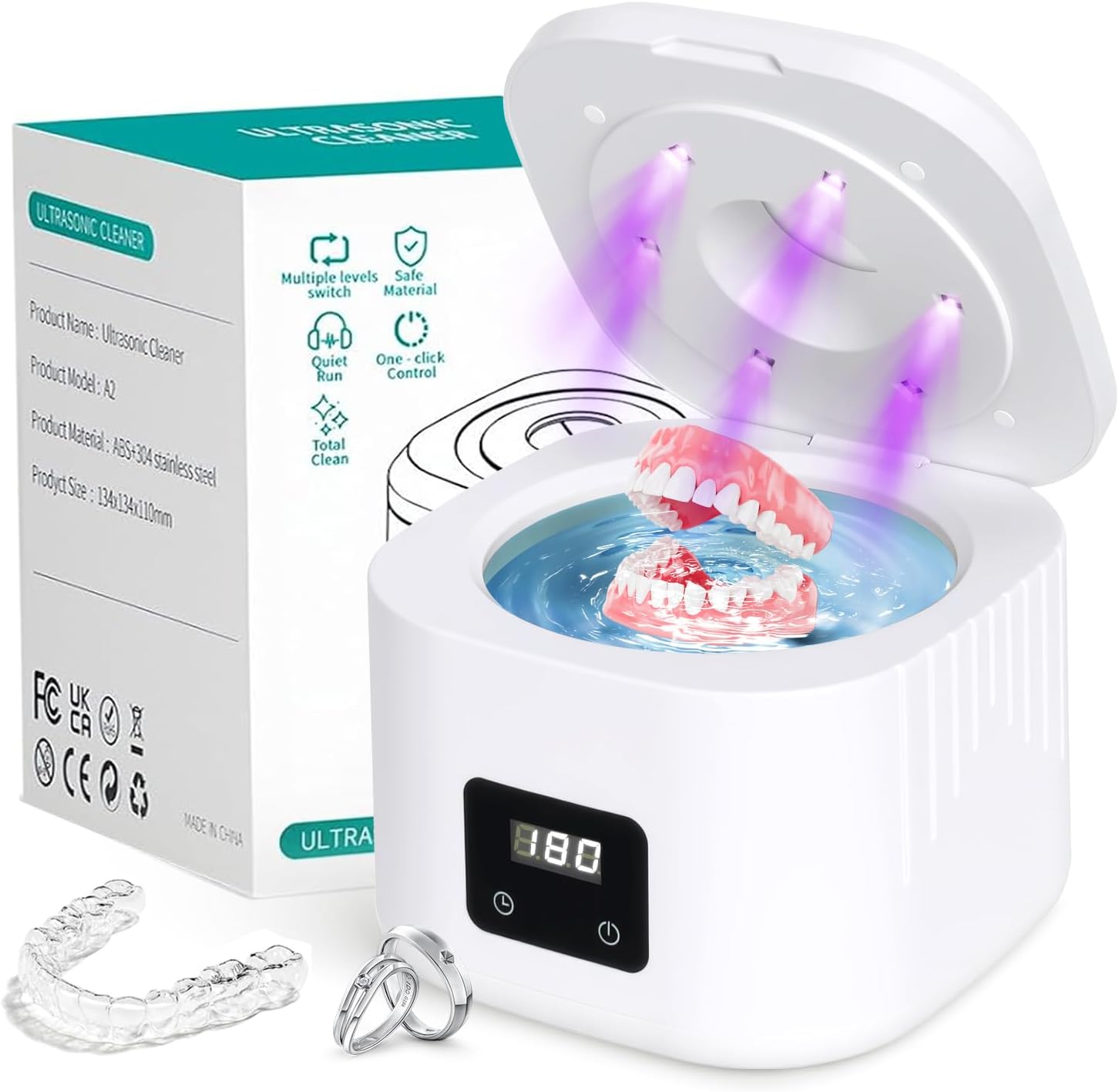 Retainer Ultrasonic Denture Cleaner Machine, 49kHz Dental Night Guard Cleaning Tablets Ultra Sonic Dental Tools for Aligner, Braces, Toothbrush Head & Jewelry with Digital Timer & 3 Mode White (340ML)