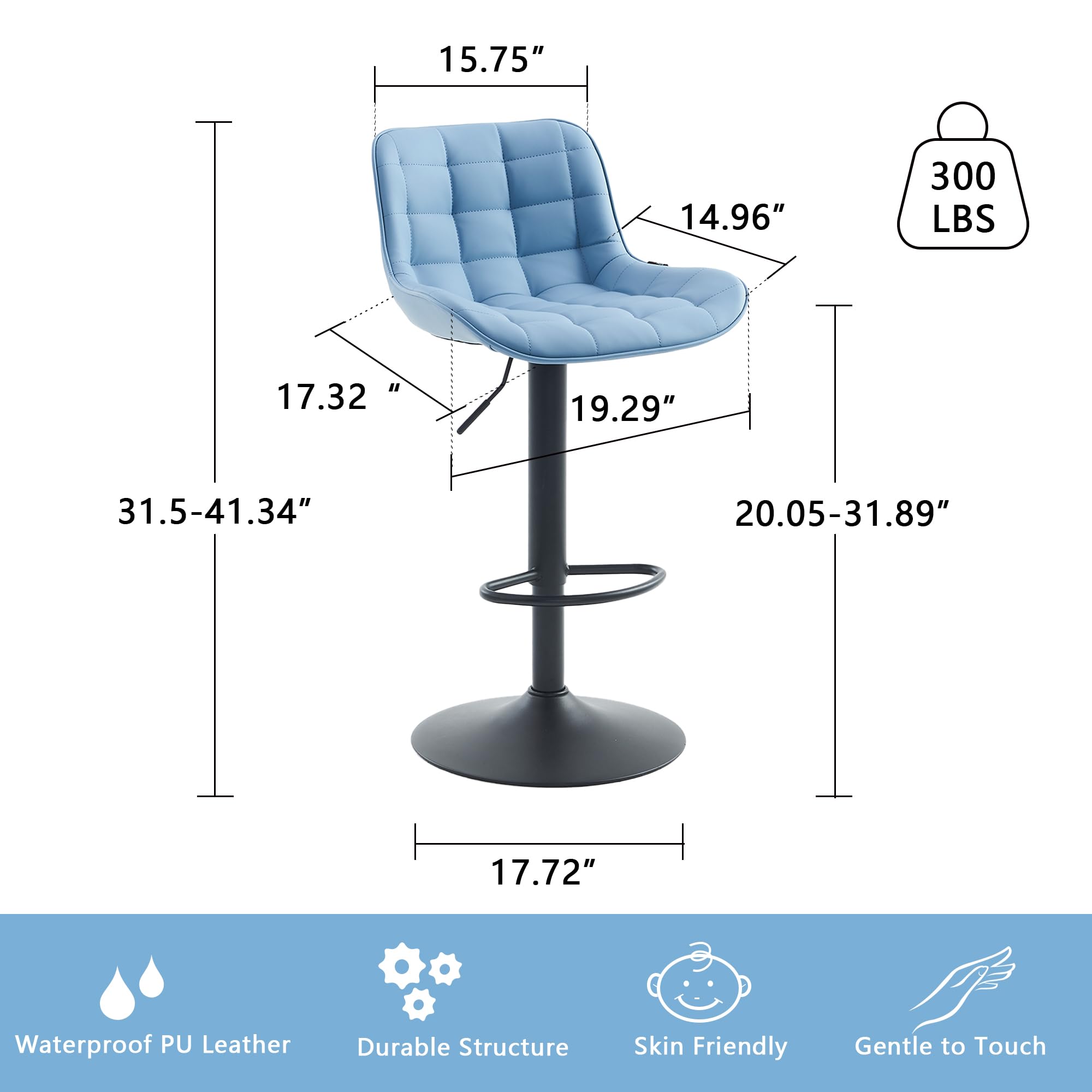 YOUTASTE Blue Bar Stools Set of 2 Counter Height