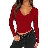 TiulZial Long Sleeve Shirt for Women V Neck Going Out Top Double Lined Tight T Shirts