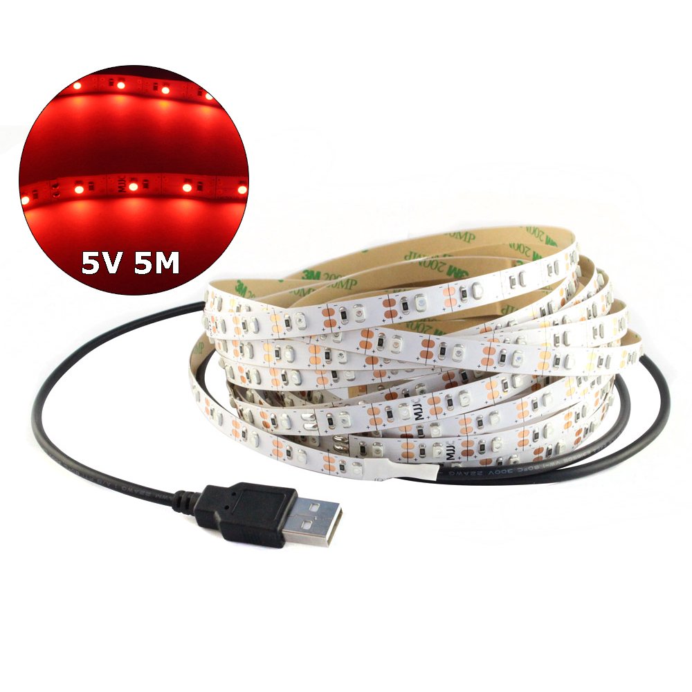 5V USB LED Strip Light 5M SMD 3528 with 3M Tape for TV Computer Backlighting (5M,3528,Non-Waterproof, Red)