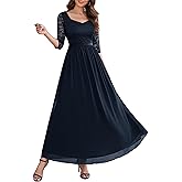 Wedtrend Women's Bridesmaid Dresses, Long Sleeve Maxi Wedding Guest Dress Floral Lace Chiffon Formal Dress WT0312NavyL