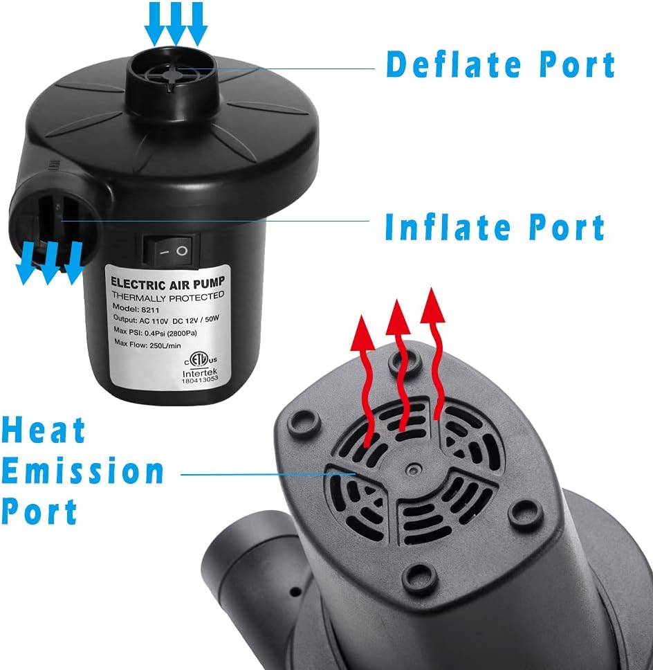 BUYMAX Electric Air Pump for Inflatables 110V AC/12V DC Air Mattress Pump Airbed Boat Pool Raft Inflatable Pool Toys Portable Pump with 3 Nozzles: Sports & Outdoors