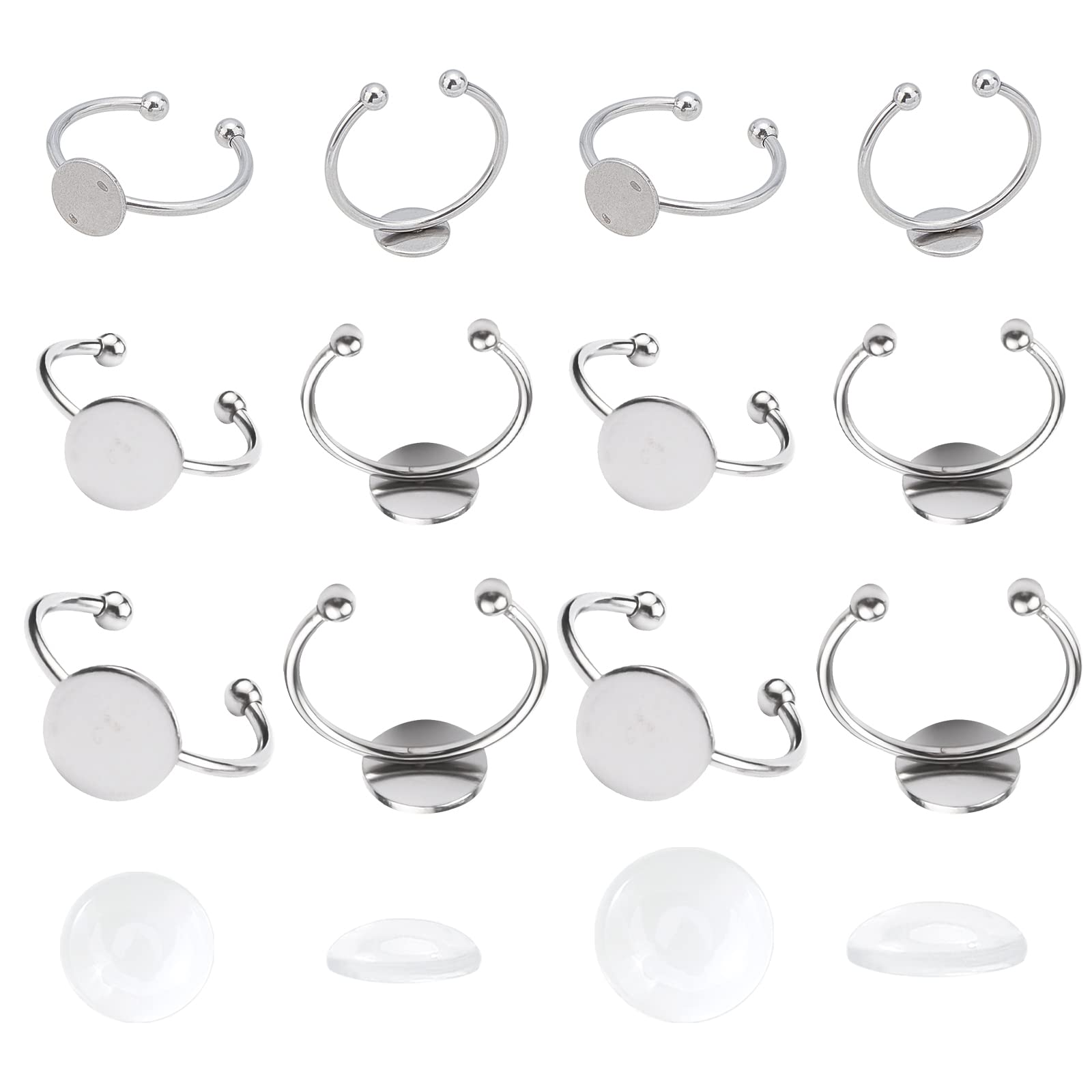 UNICRAFTALE 18 Sets Size 7 8/10/12mm Tray Cuff Rings Rings Bezel Stainless Steel with Half Round Glass Cabochons for Ring Making Color Stainless Steel