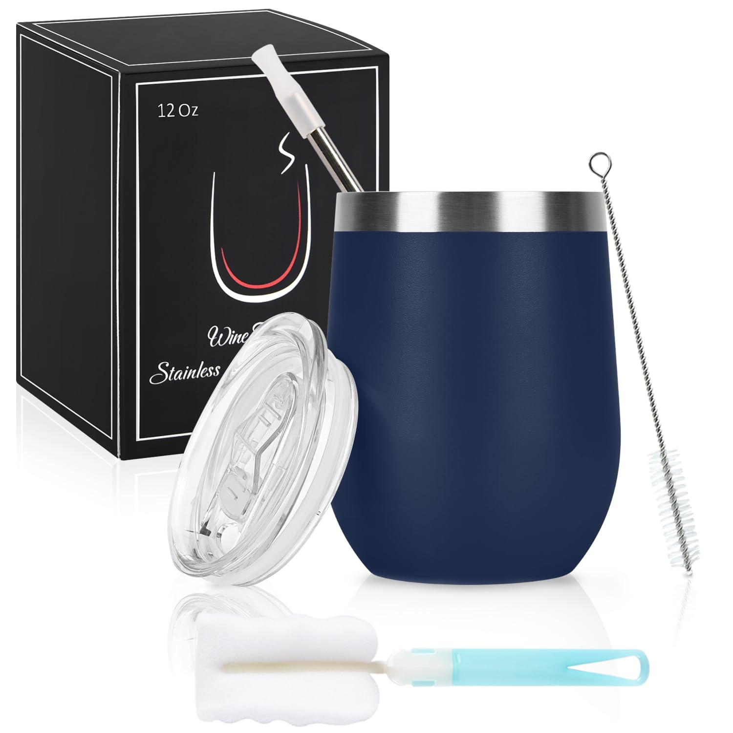 Joymaking 12oz Insulated Stainless Steel Wine Tumbler with Lid and Straw, Double Walled Wine Glass Tumbler Gift for Women, Great for Hot & Cold Drinks -Wine, Champagne, Coffee, Ice Cream, Dark Blue — image 1