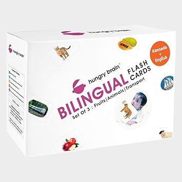 Hungry Brain Transport, Animals, Fruits Bilingual Combo Kannada English Early Learning Flash Cards for Infant