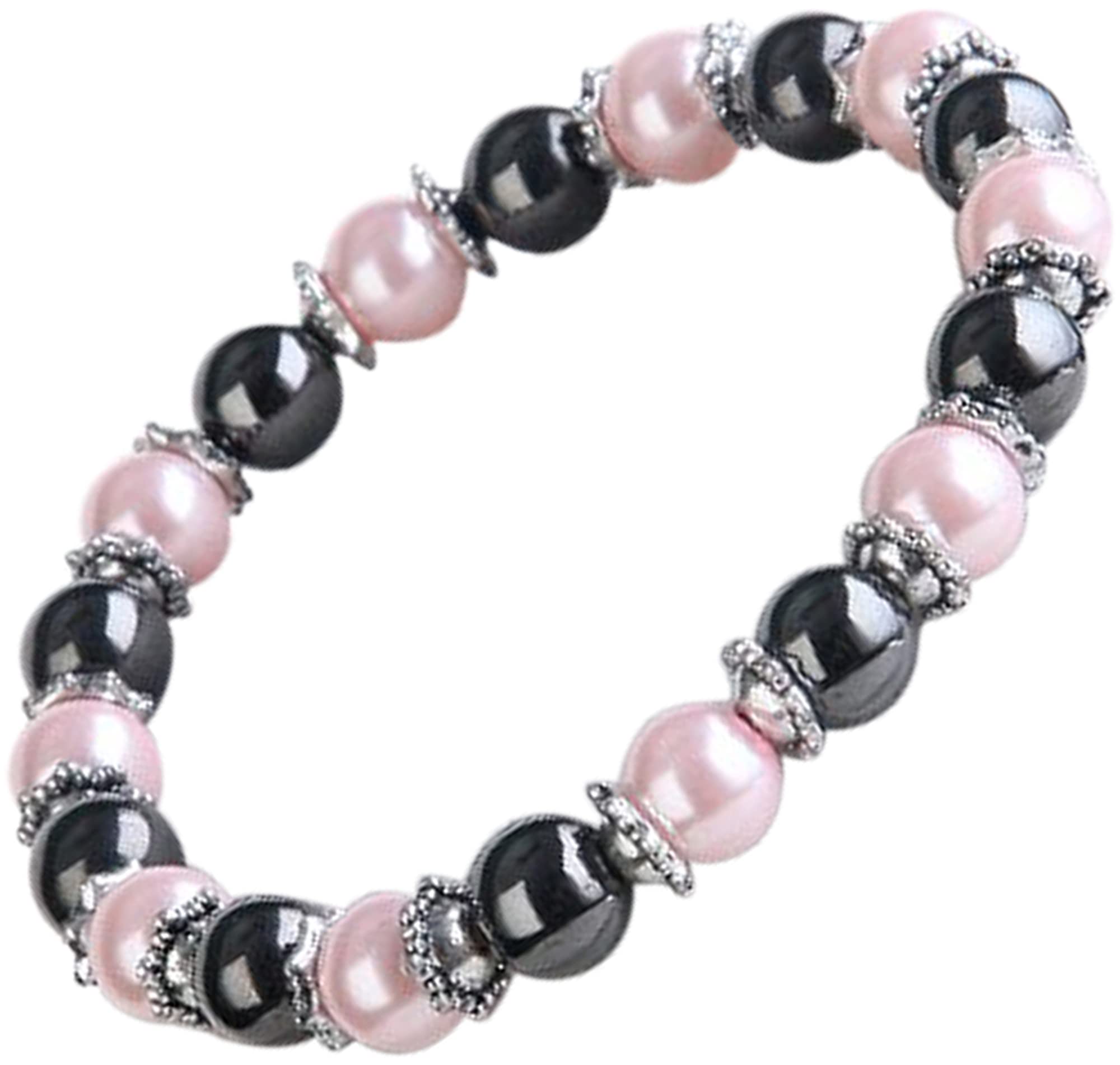 Magnetic Hematite & Faux Pink Pearl Bracelet for Women – Stretch Beaded Fashion Jewellery – Elegant Light-Catching Pearls – Stylish Gift for Her – Supplied in a Gift Box