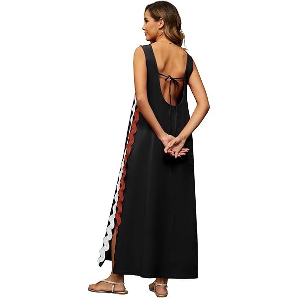 thumbnail image 2 of CHARTOU Women's Linen Maxi Dress - Spaghetti Strap, Sleeveless, Flowy Long Summer Dress With Contrast Trim (Black, Blue, Khaki) 2 of 11