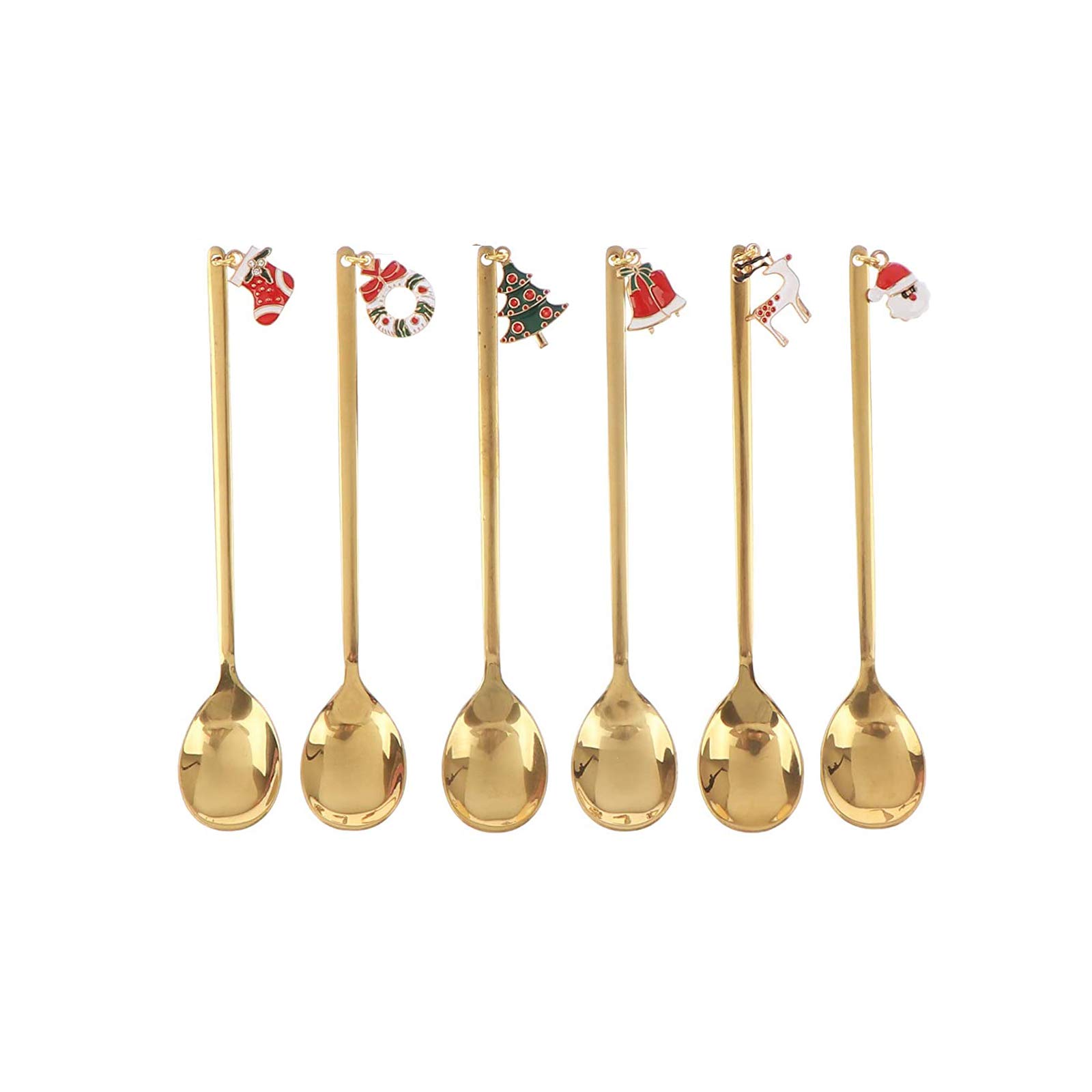 AXspeed Christmas Spoons, 6pcs Stainless Steel Spoons Cooking Set with Xmas Pendant Coffee Stirring Spoon Tea Spoon Dessert Spoon, with Gift Packing Box (Gold)