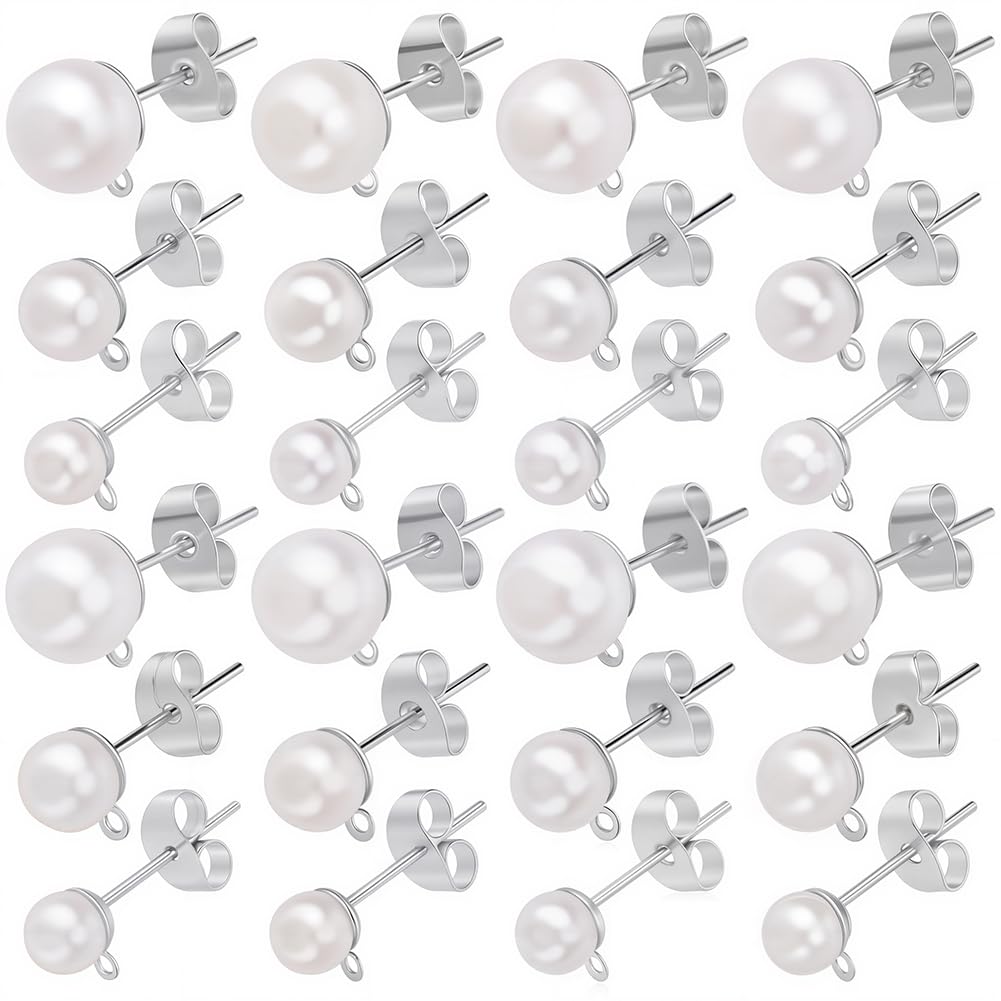 SOFPLATE 1 Box 120Pcs Pearl Earring Stud Findings Pearl Earring Posts Silver Hypoallergenic Metal with Ear Nuts Back Loop and Imitation Beads Ear Studs for Jewellery Making DIY Crafts Supplies Women