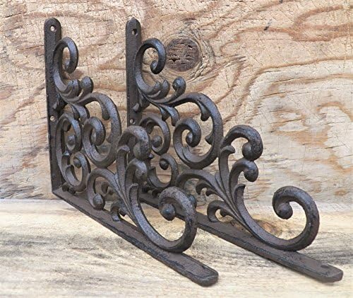 Cast Iron Shelf Brackets Braces 9.25 x 7.5 Inch Rustic Antique Scroll Style Set of 2