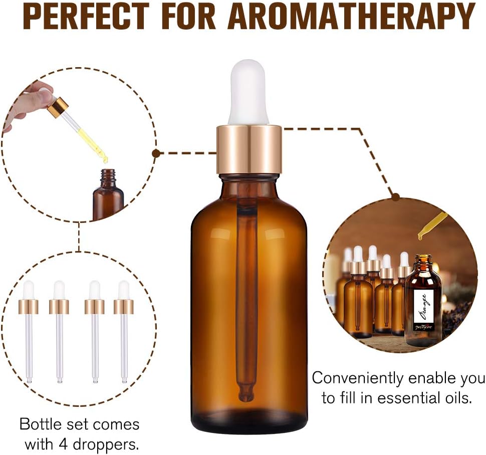 PrettyCare Eye Dropper Bottle 1 oz ( 4 Pack Amber Glass Bottles 30ml with Golden Caps, 1 Extra Plastic Measured Pipettes, 12 Labels, Funnel ) Empty Tincture Bottles for Essential Oils, Perfume: Home & Kitchen