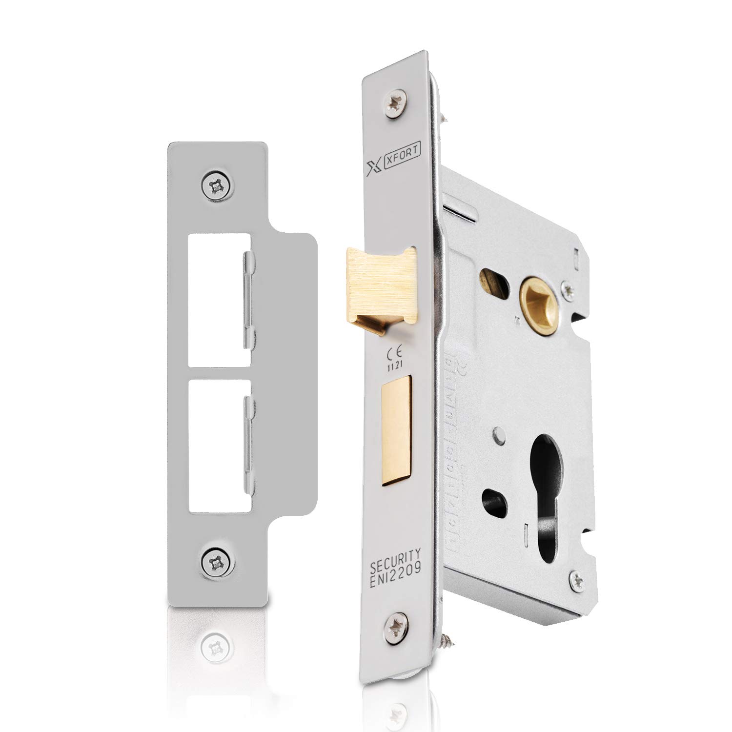 XFORT® Satin Chrome Euro Profile Sashlock 65mm, Internal & External Door Sashlock with Euro Cylinder Key Locking Security, Fire Rated Protection